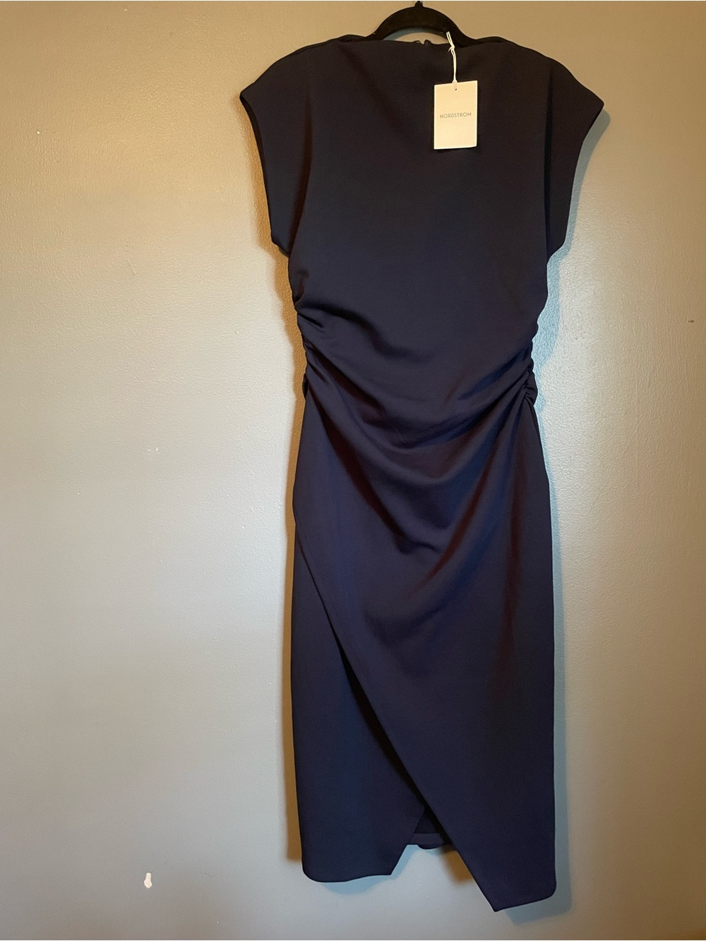 NWT Nordstrom Sz Med Navy Blue Ruched Funnel Neck Midi Work Casual Dress Ret $89 - Picture 6 of 15